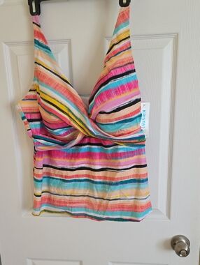 Krista Multi-Stripe V-Neck Women’s Swim Tankini Top - Pink/Teal/Yellow